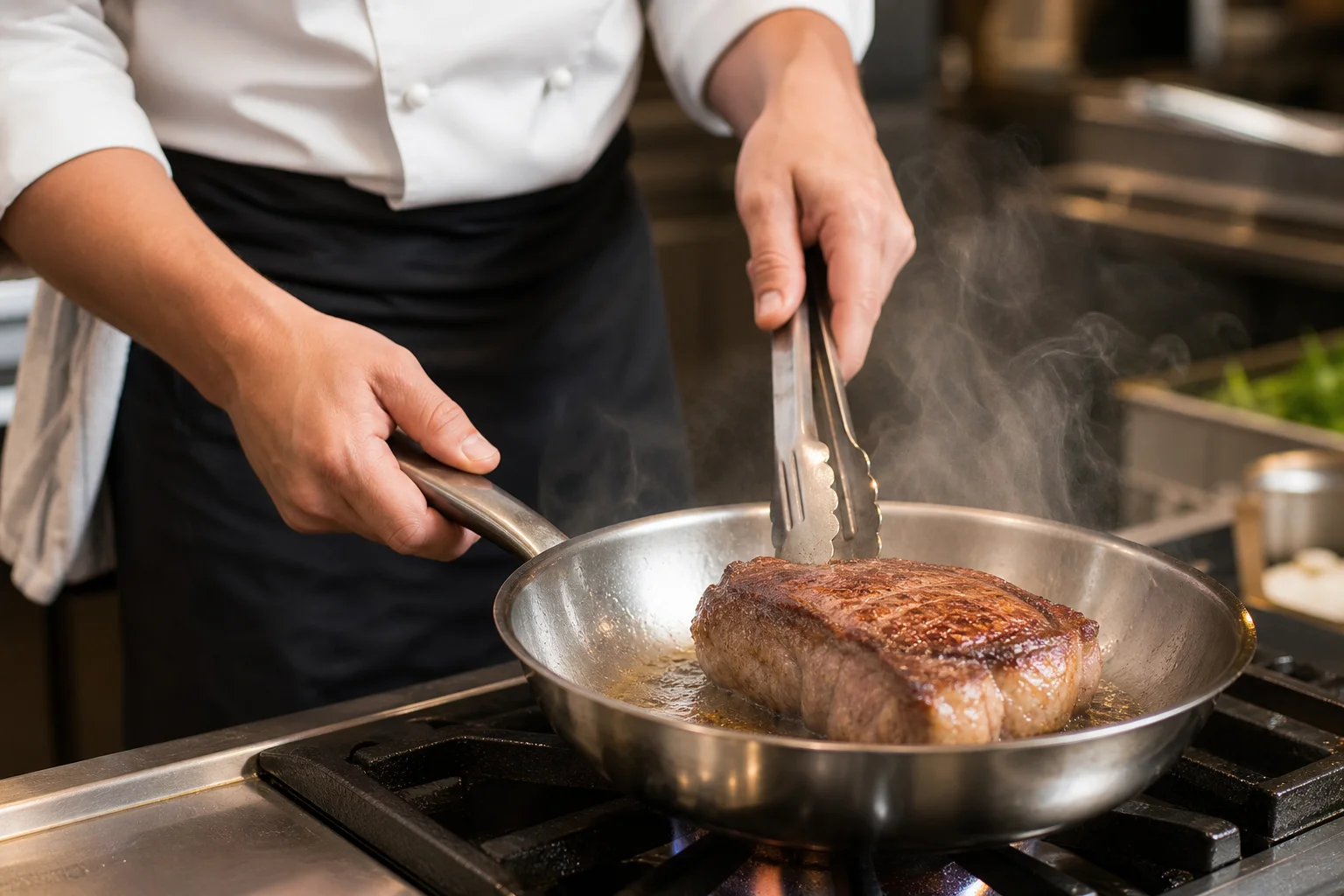 Chef searing thick-cut meat in stainless steel pan with visible browning