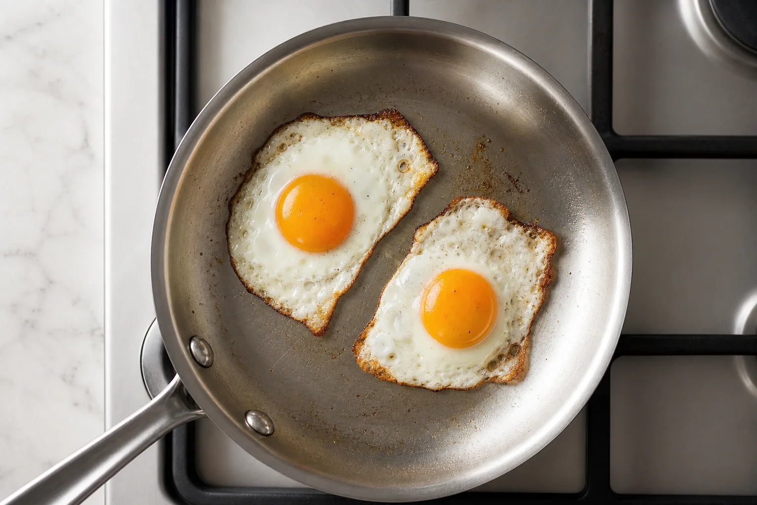 Overhead view of eggs cooking in stainless steel pan with natural release