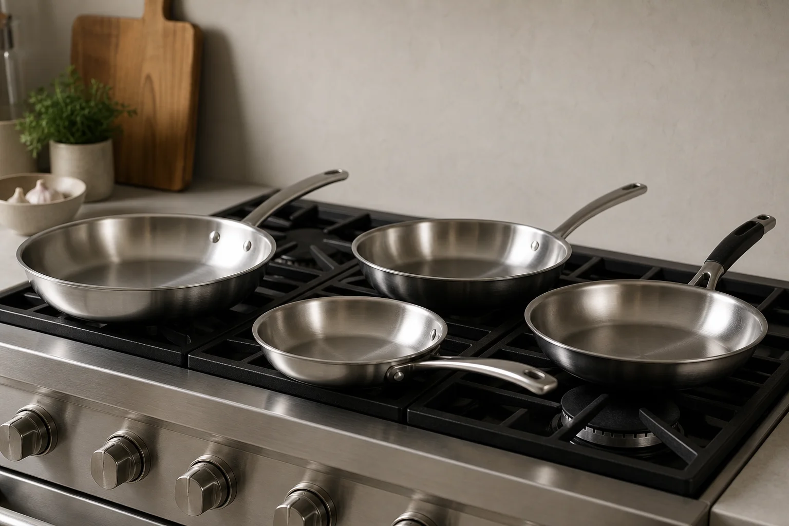 Professional kitchen stovetop with multiple stainless steel pans in a row