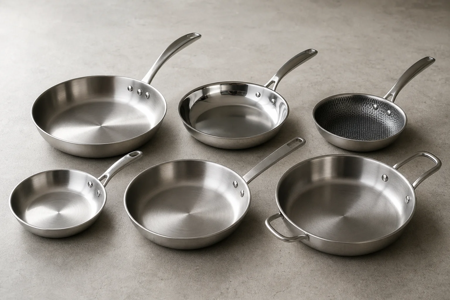 Collection of six stainless steel frying pans with varied finishes and handle styles on concrete surface