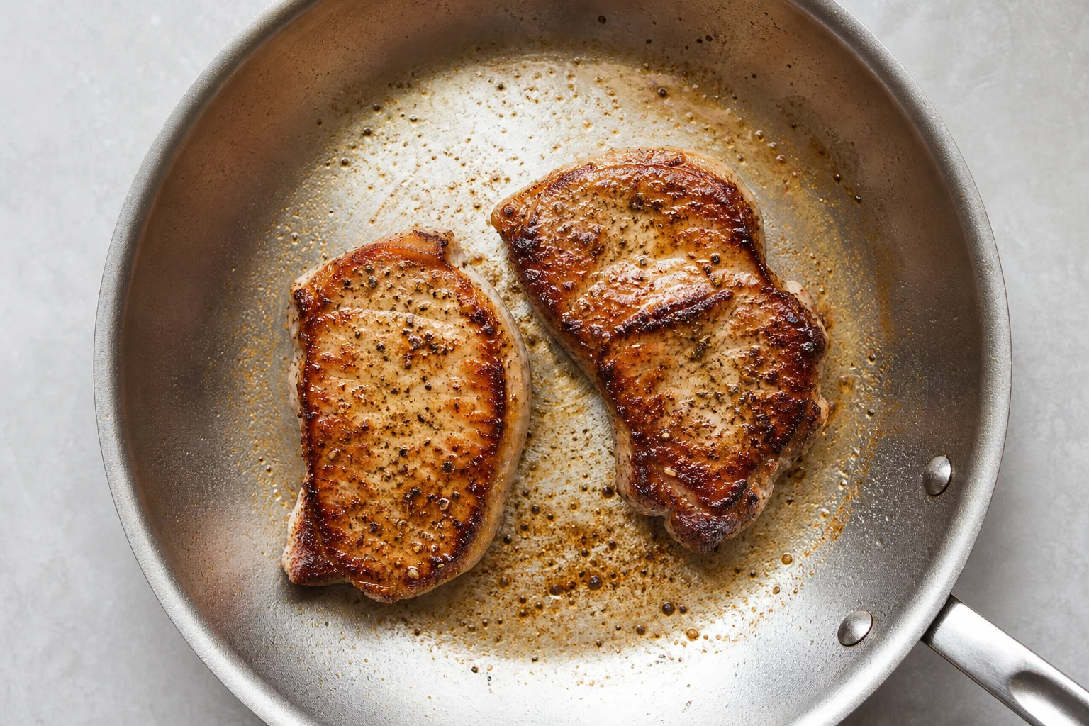Overhead view of seared meat with caramelized crust in stainless steel pan