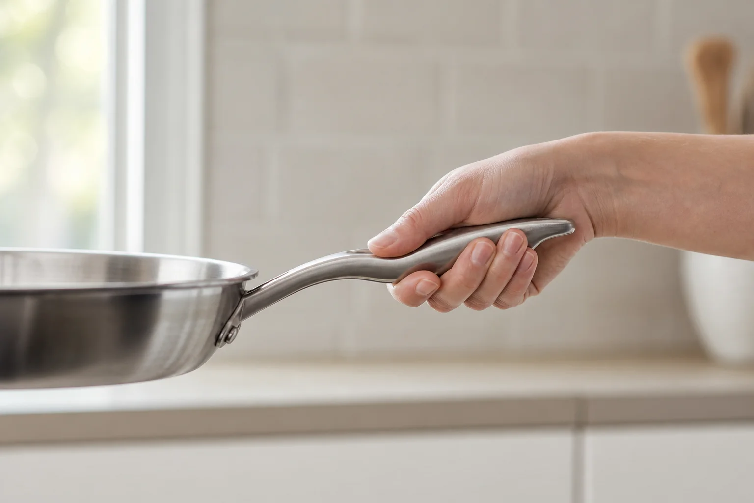 Hand demonstrating proper grip and thumb positioning on pan handle