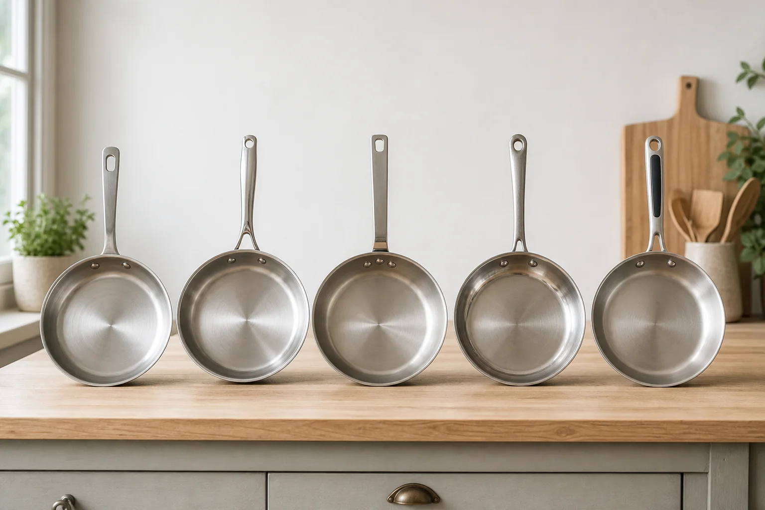 Five stainless steel pans on kitchen counter showing design variations