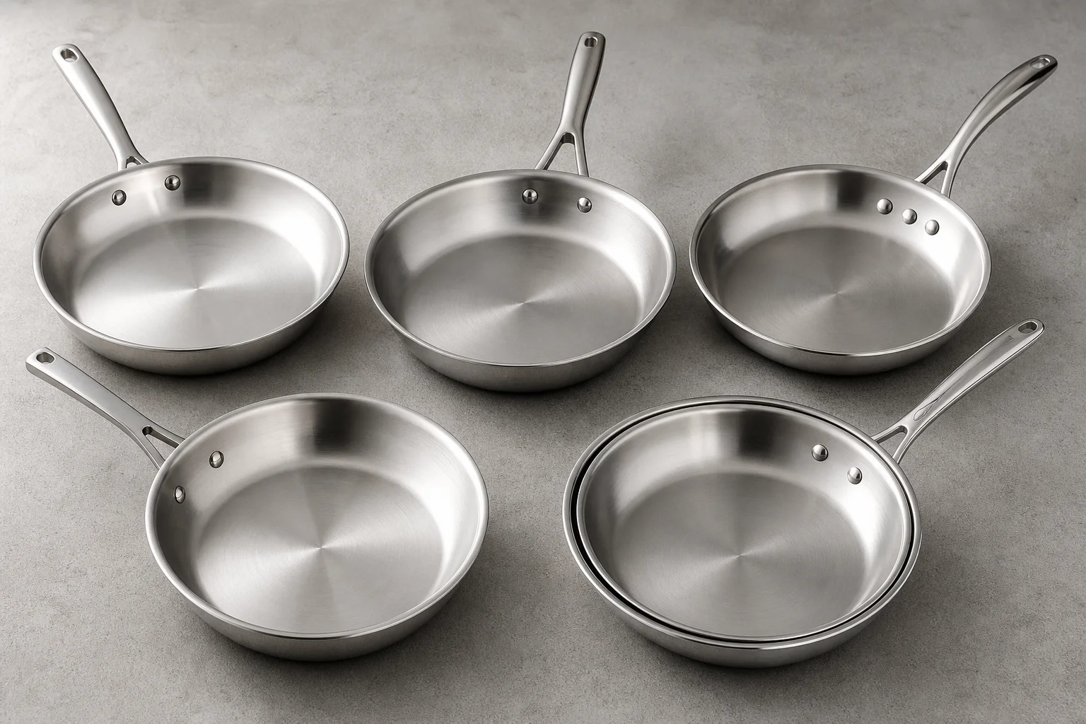 Five stainless steel pans arranged in a fan pattern on concrete surface