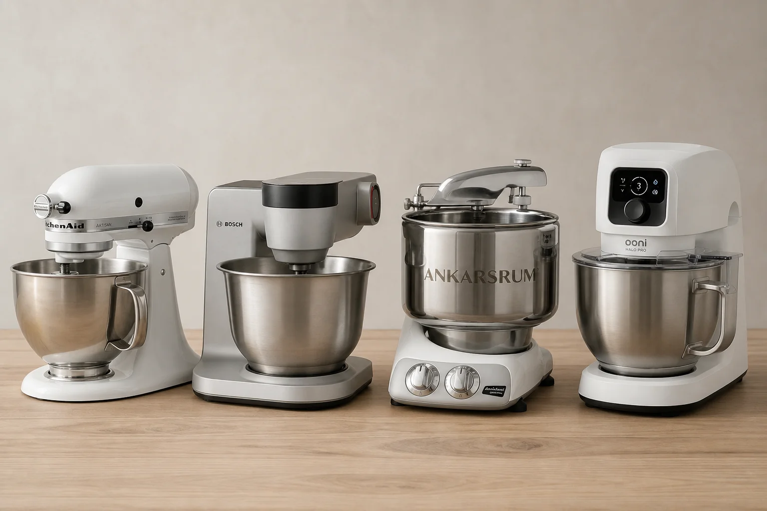 四款攪拌機並排於木質檯面上：KitchenAid、Bosch、Ankarsrum 與 Ooni Halo Pro
