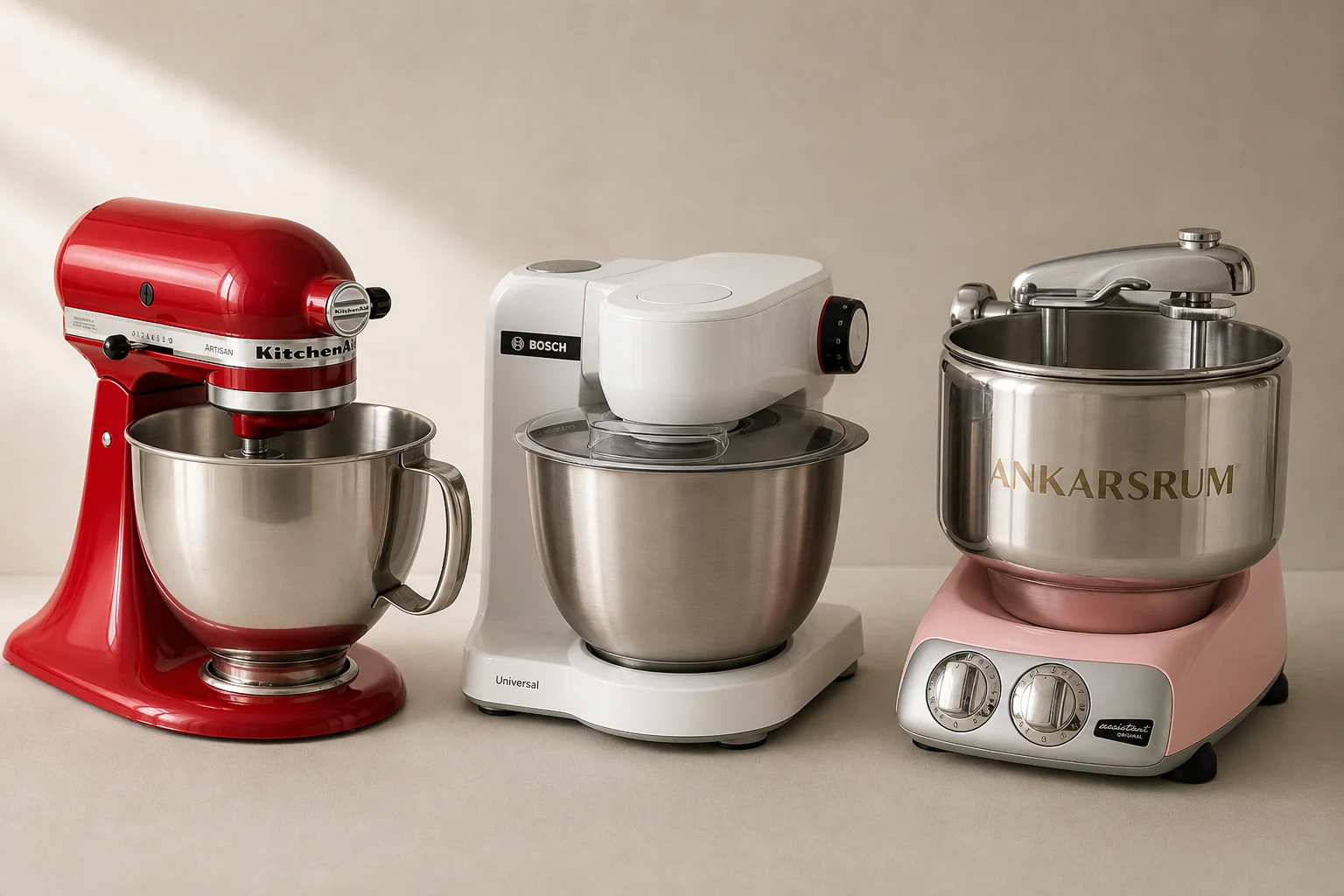 三款攪拌機：KitchenAid Artisan、Bosch Universal 與 Ankarsrum Assistent 並排擺放