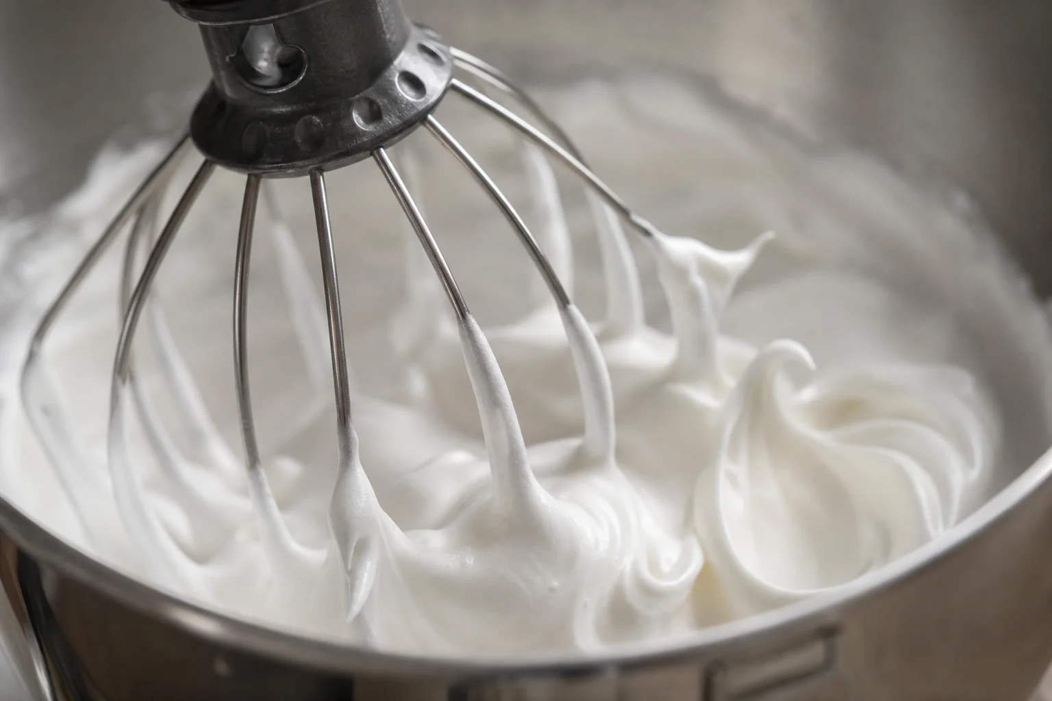 Close-up of whisk attachment whipping egg whites to stiff peaks in a mixer bowl