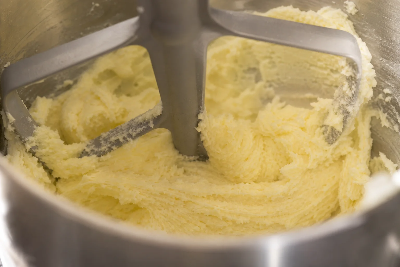 Paddle attachment creaming butter and sugar together in a mixer bowl