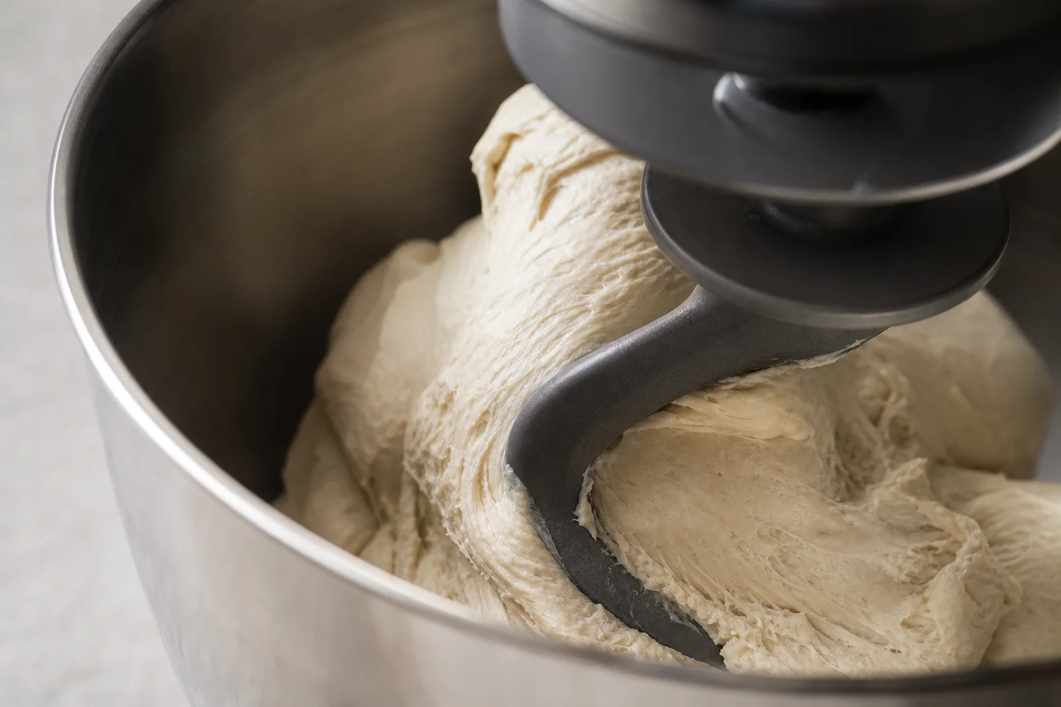 Dough hook kneading bread dough in a large mixer bowl