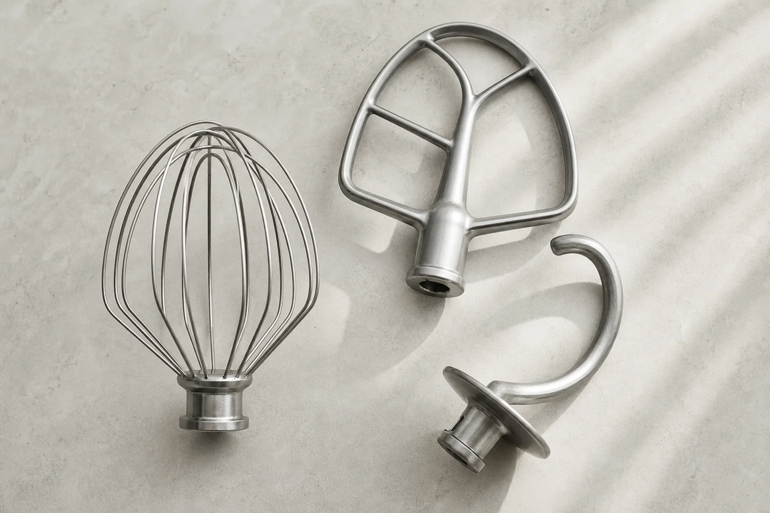 Stainless steel mixer attachments arranged on a neutral surface