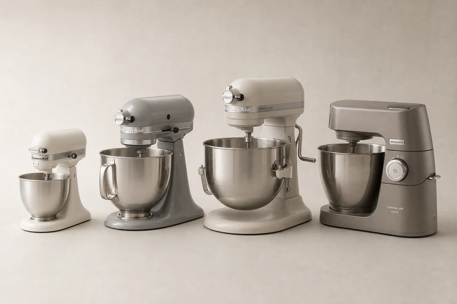 Four stand mixers in different sizes and styles arranged on a neutral backdrop