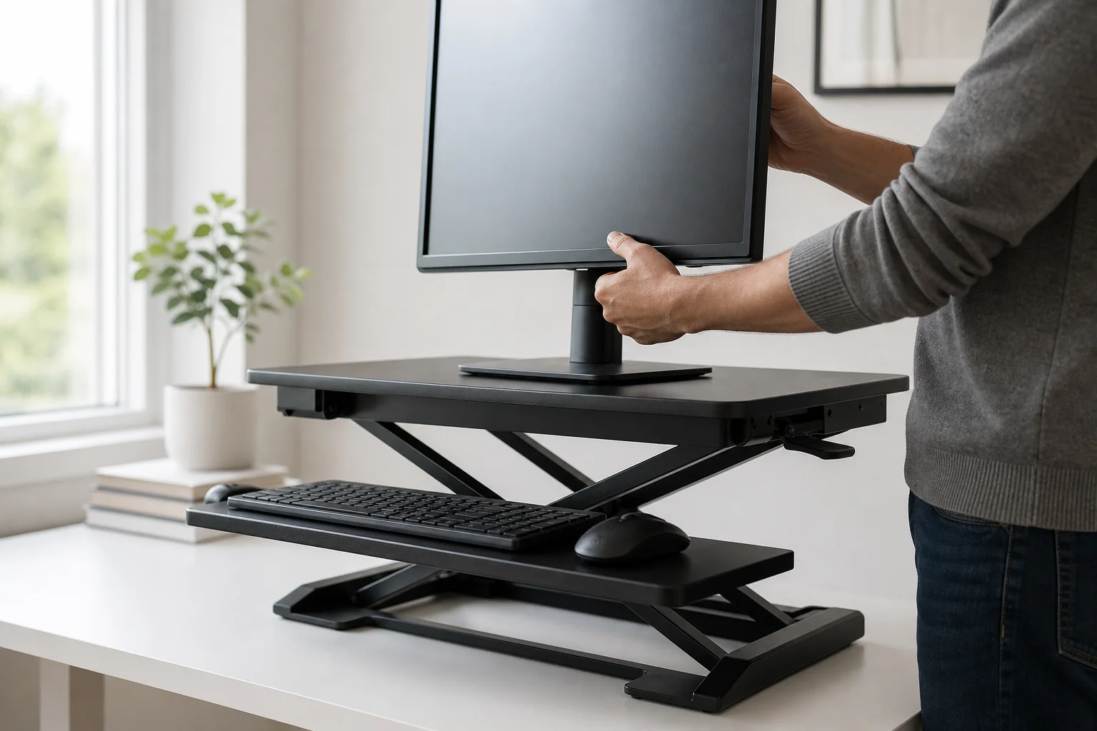 Person adjusting monitor height on a standing desk converter