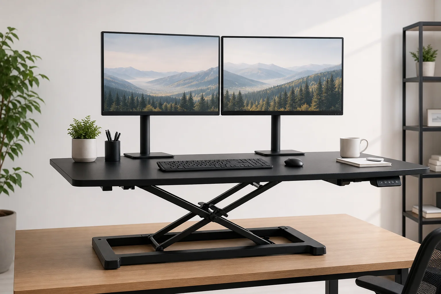 Dual monitor setup on an electric standing desk converter
