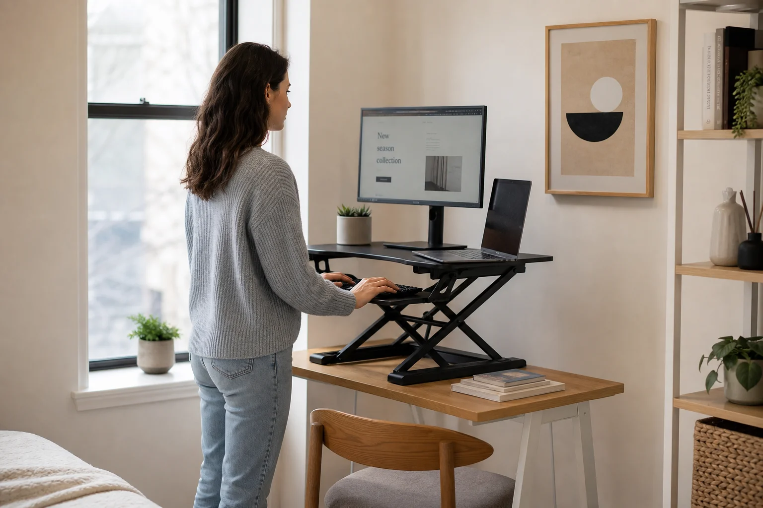 Compact standing desk converter in a small apartment workspace