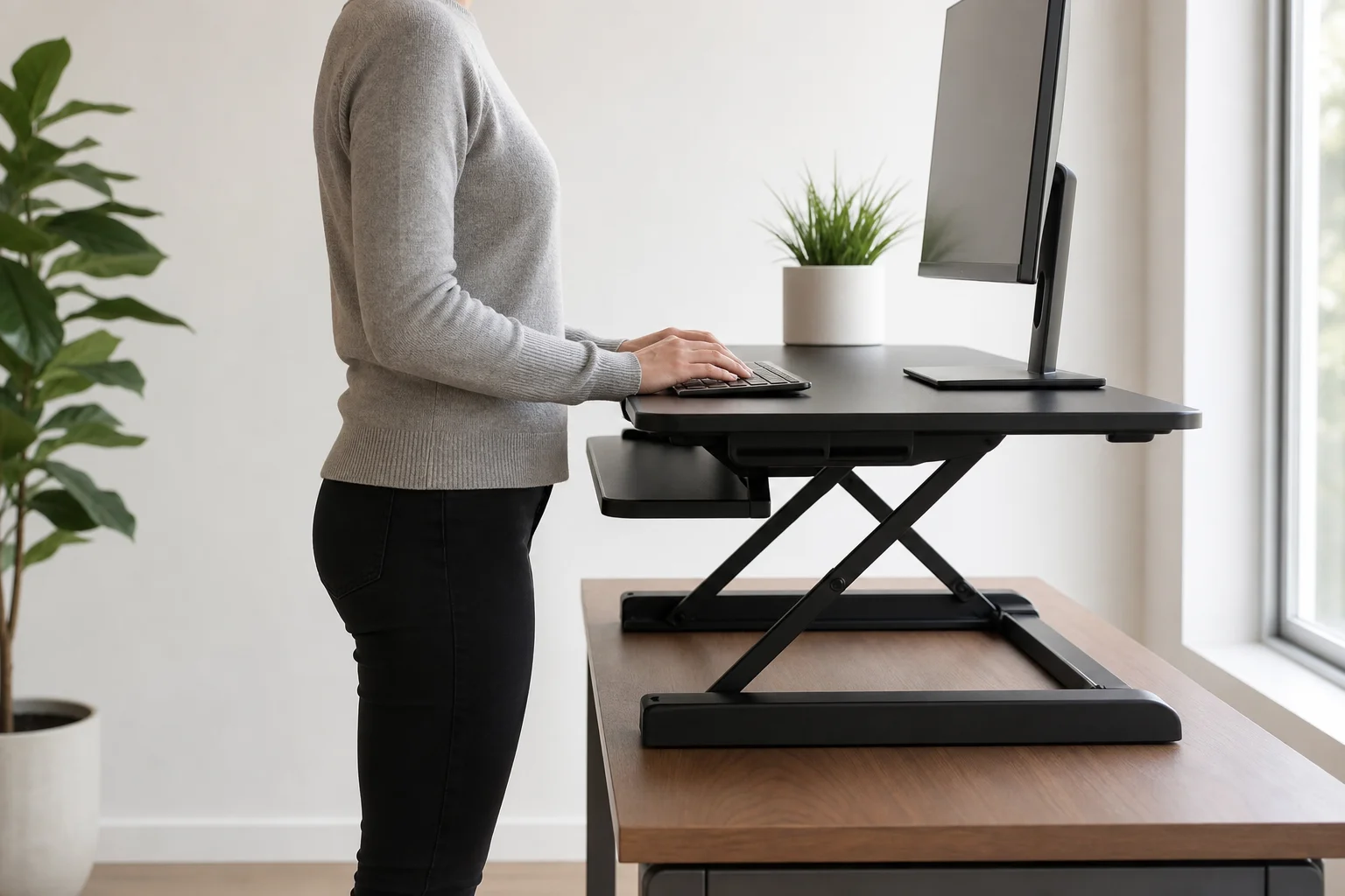 Person with proper ergonomic posture standing at a desk converter