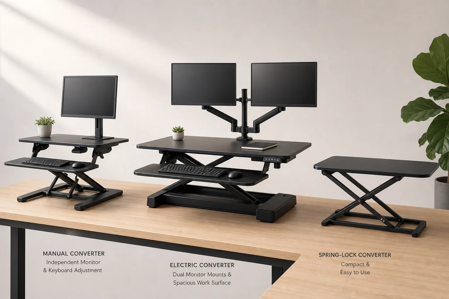 Three standing desk converters displayed on a light wood desk surface