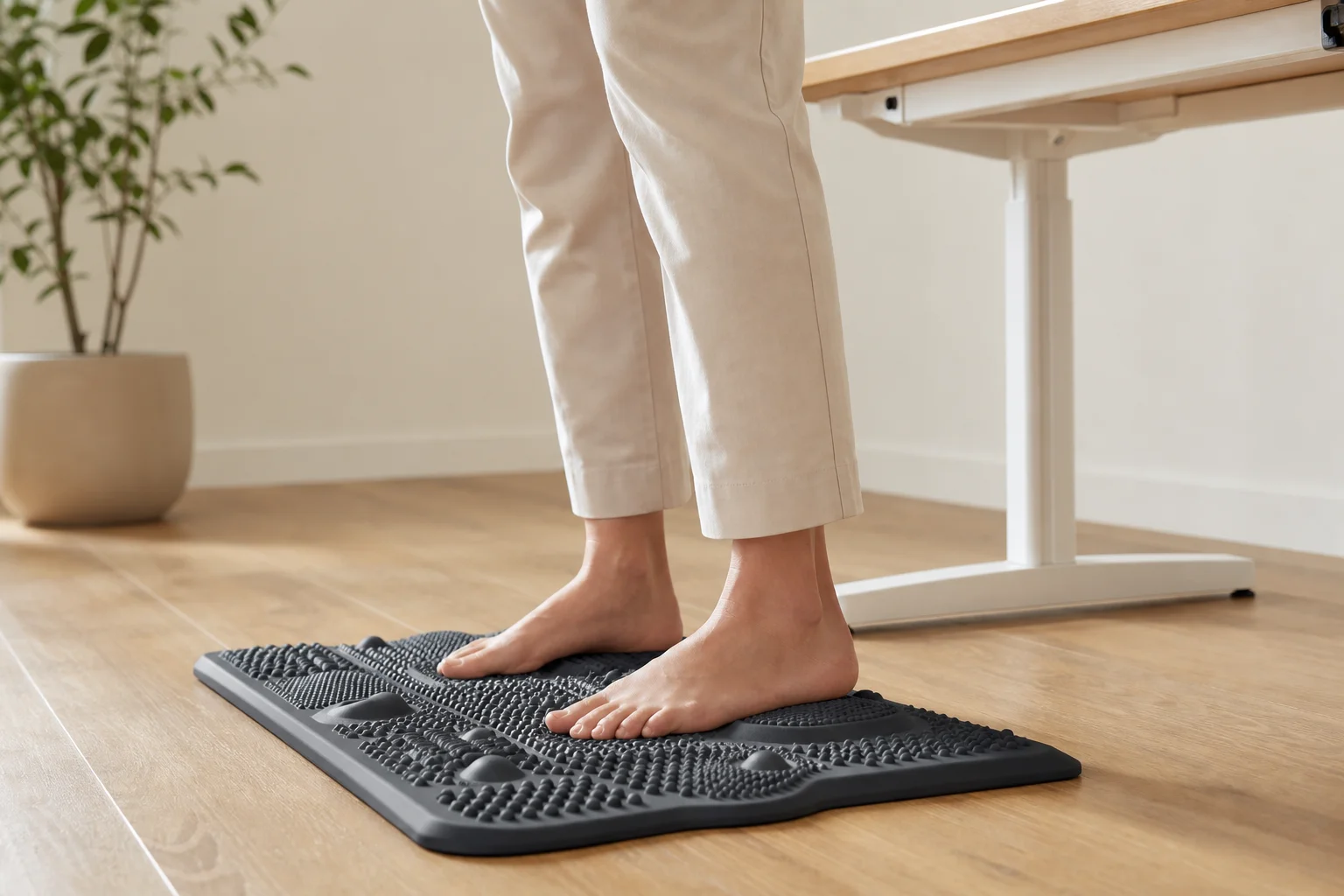 Person barefoot on textured mat with contoured zones