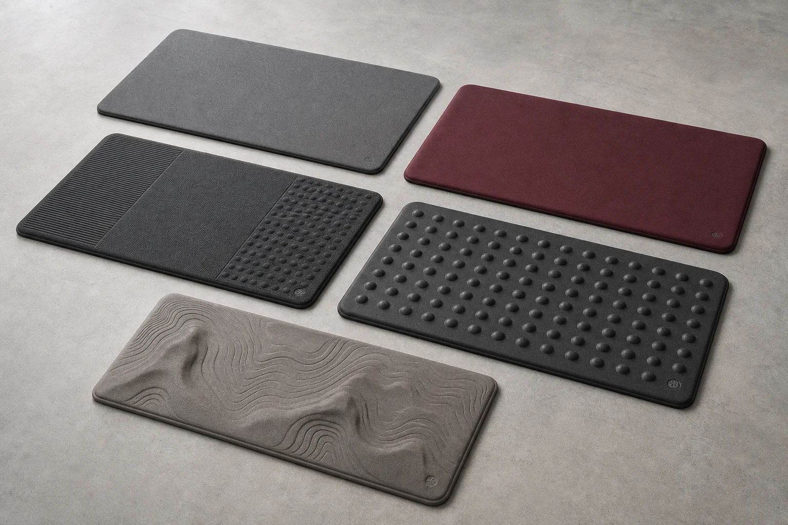 Five standing desk mats displayed on grey concrete surface