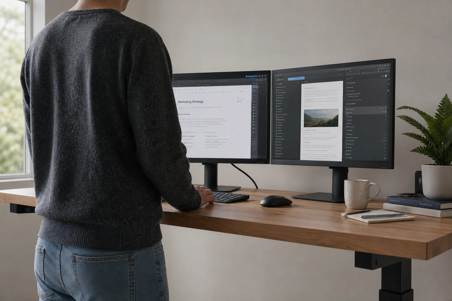 Person working at a standing desk with dual monitors in bright home office