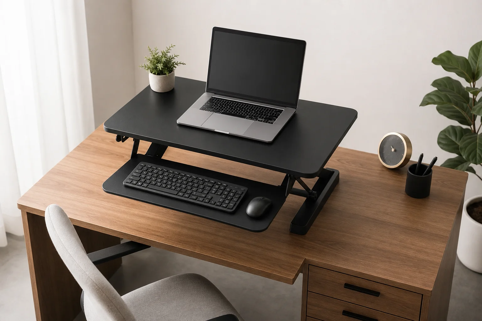 Compact desk converter on traditional desk with laptop and keyboard