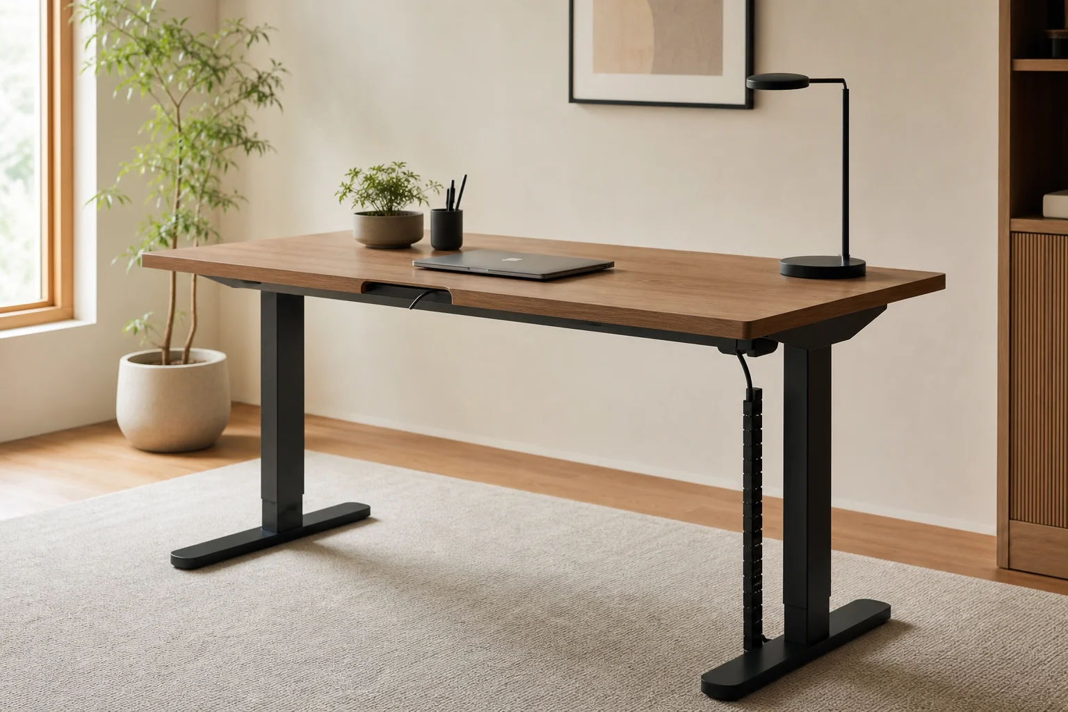 Sleek standing desk in minimalist home office with cable management