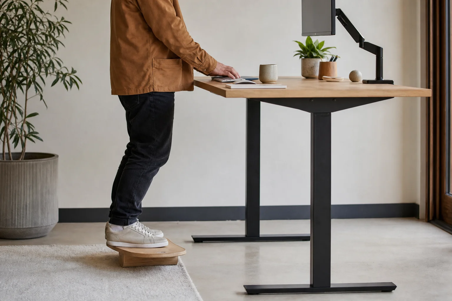 Person using rocker board while standing at desk with accessories