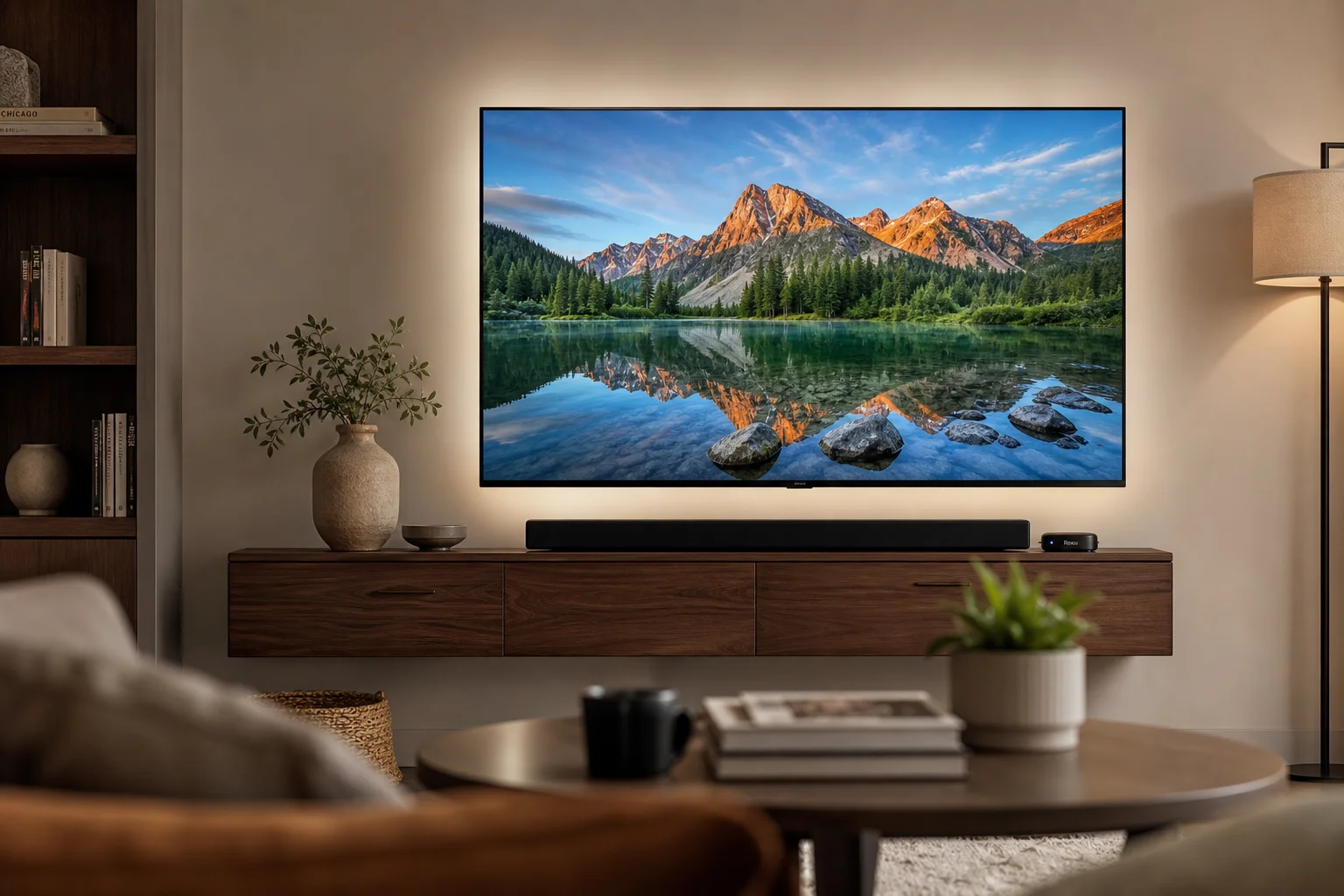 客廳牆面掛載電視顯示 4K 內容與串流裝置