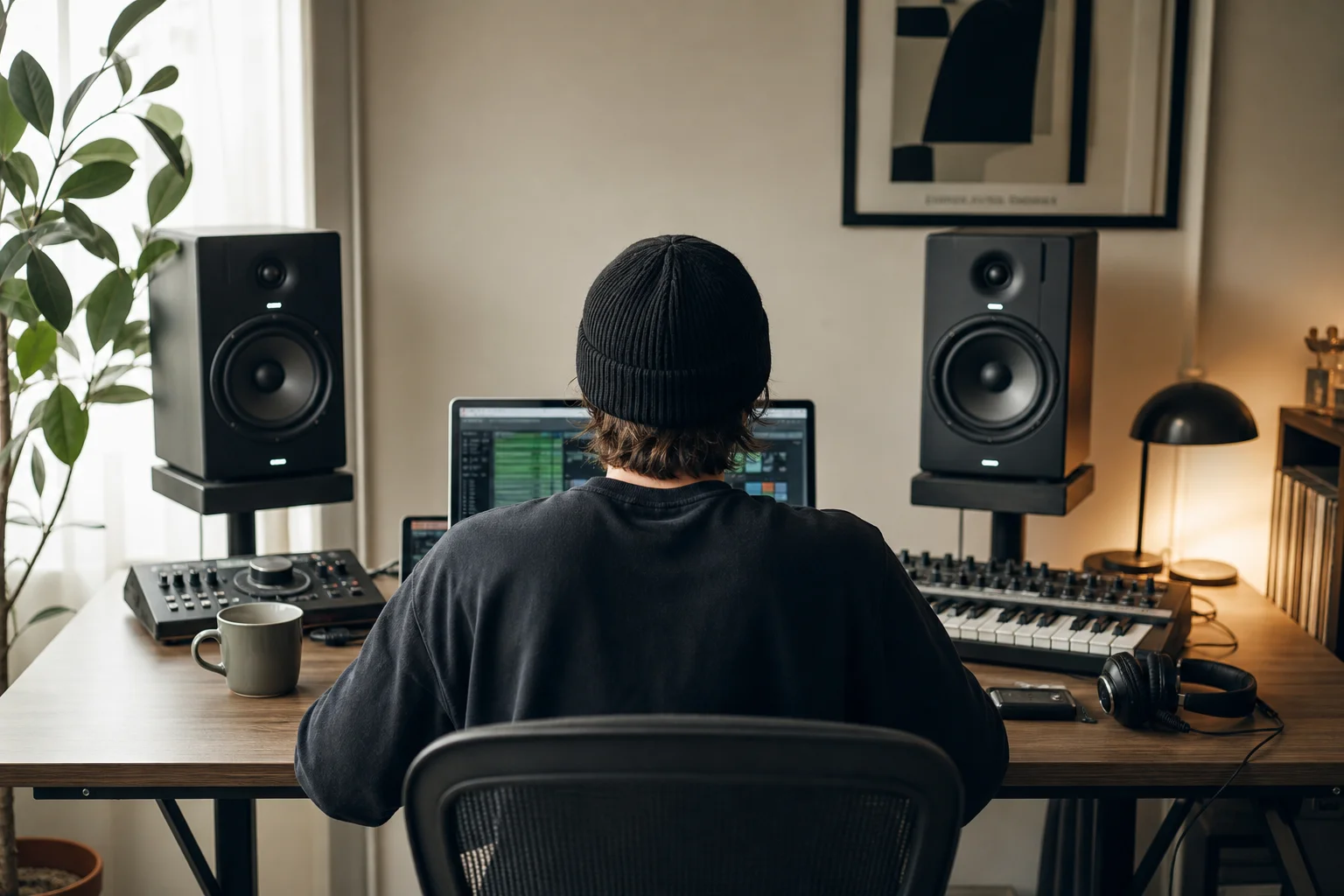 Music producer working at desk with studio monitors in home studio