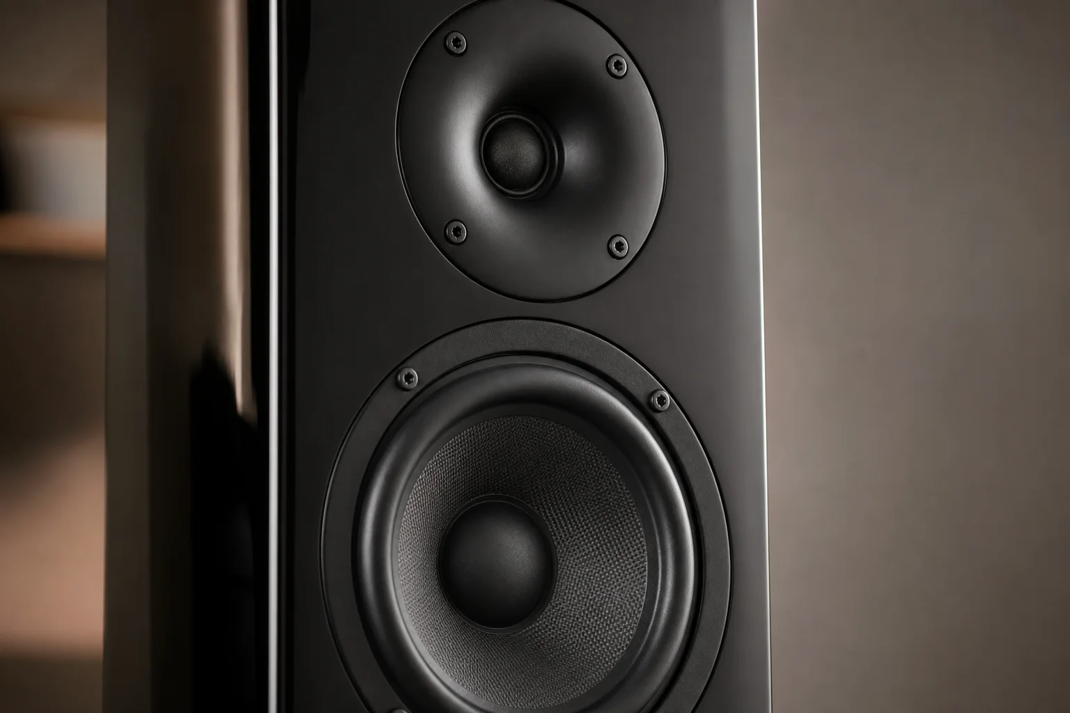Close-up of studio monitor front panel showing tweeter and woofer design