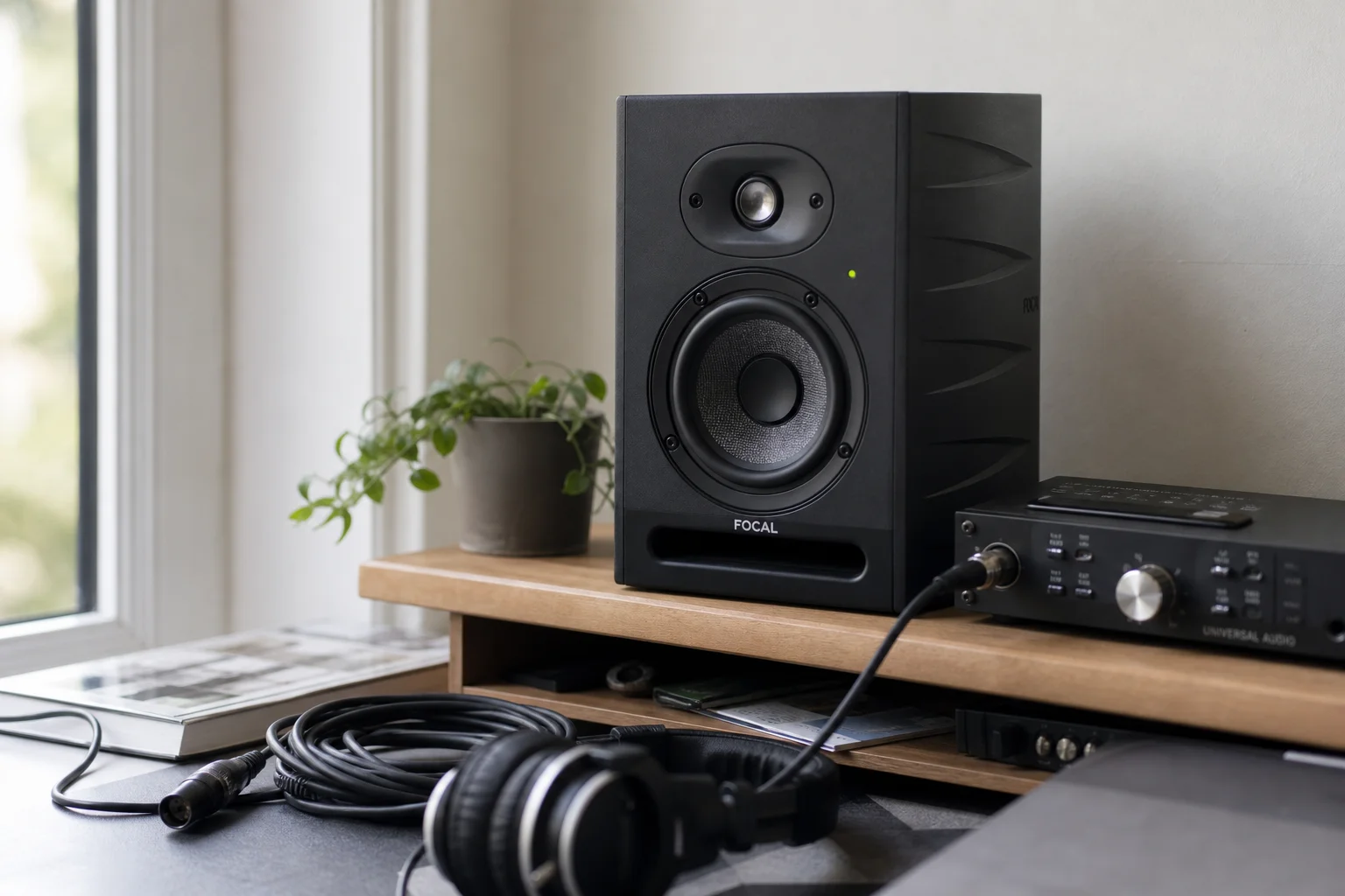 Compact studio monitor on desk shelf with audio cables and equipment