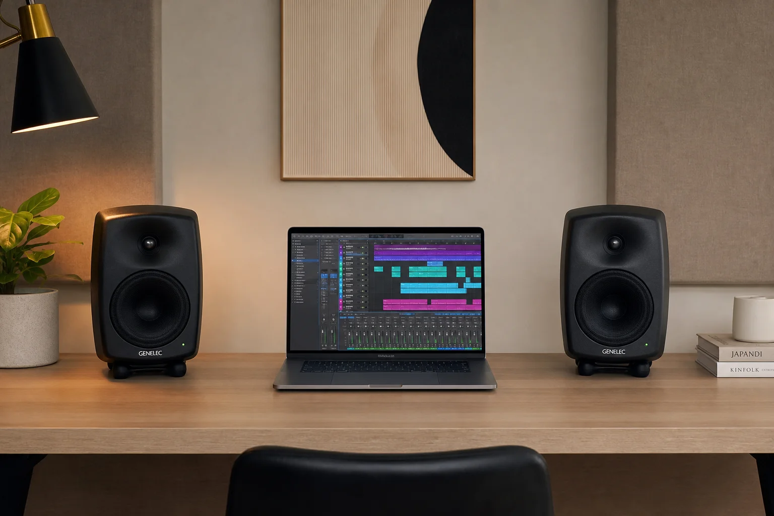 Wireless studio setup with monitors and laptop showing audio production software