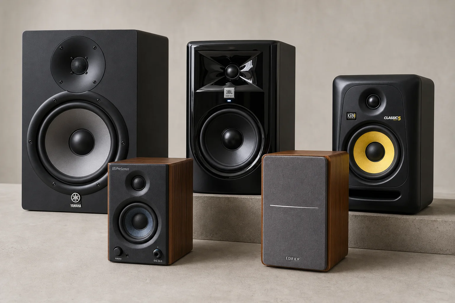 Five studio monitors arranged on concrete surface showing different sizes and designs