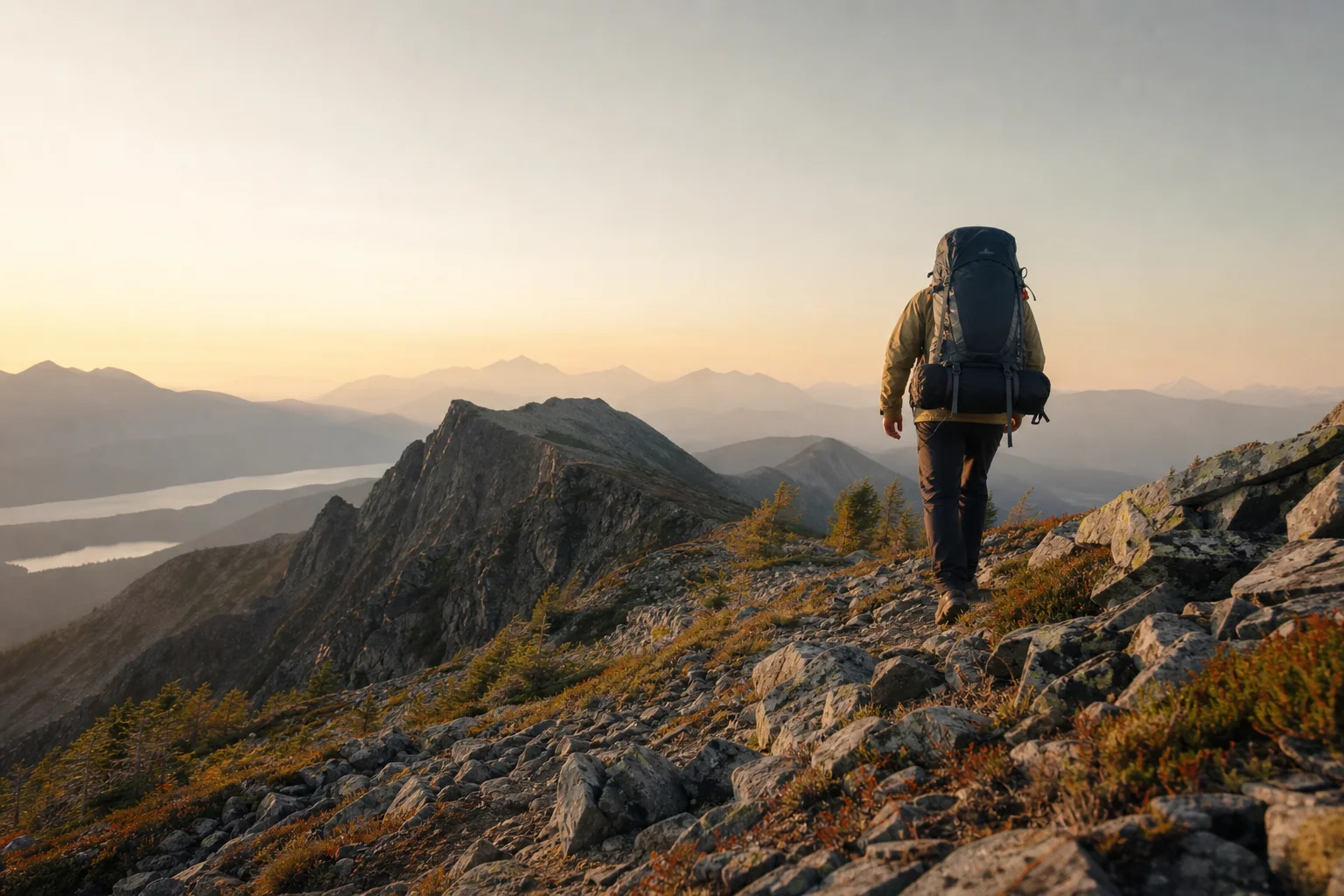 Hiker with backpack on rocky mountain terrain during golden hour
