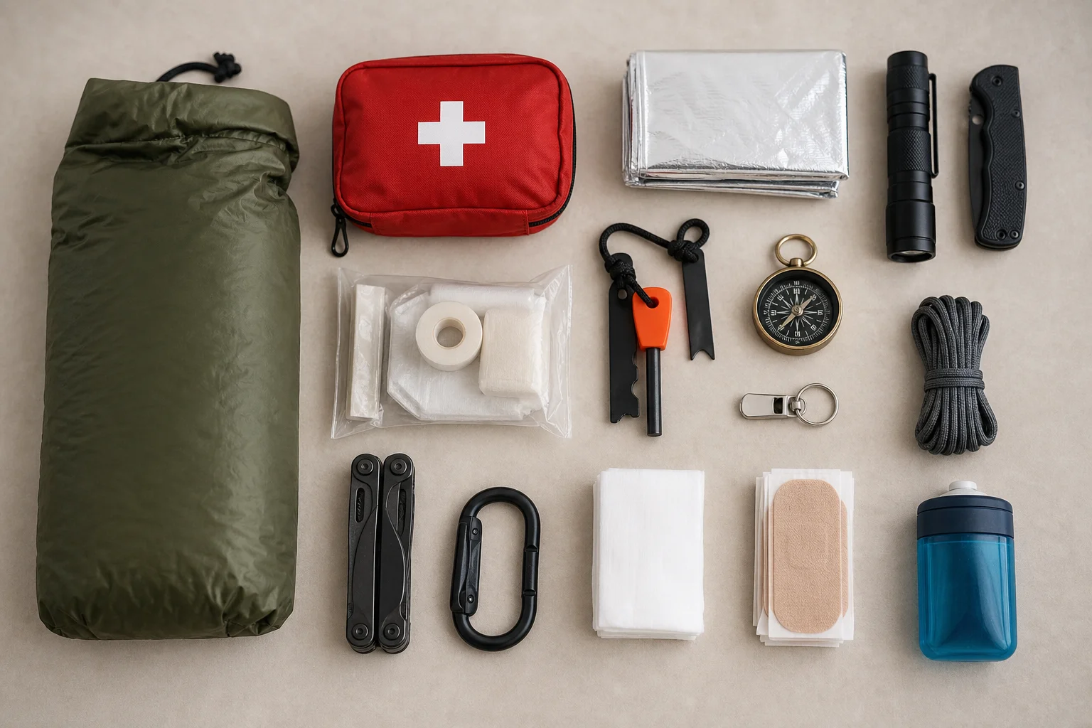 Overhead view of emergency gear and bivvy sack organized on surface