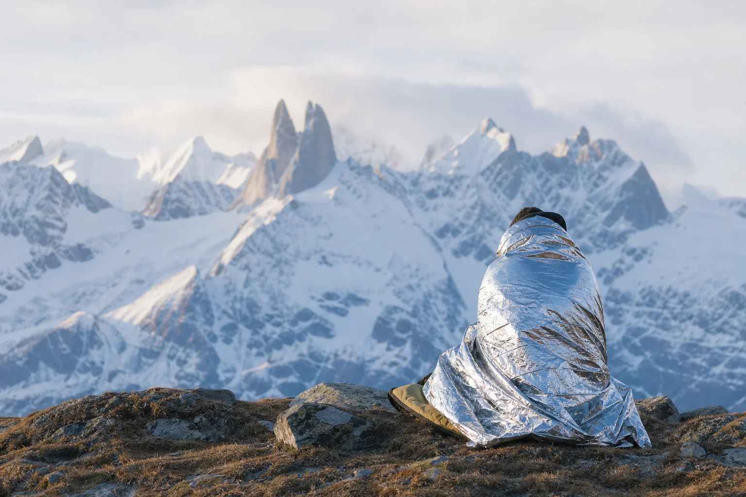 Camper in emergency shelter during cold weather with snowy peaks