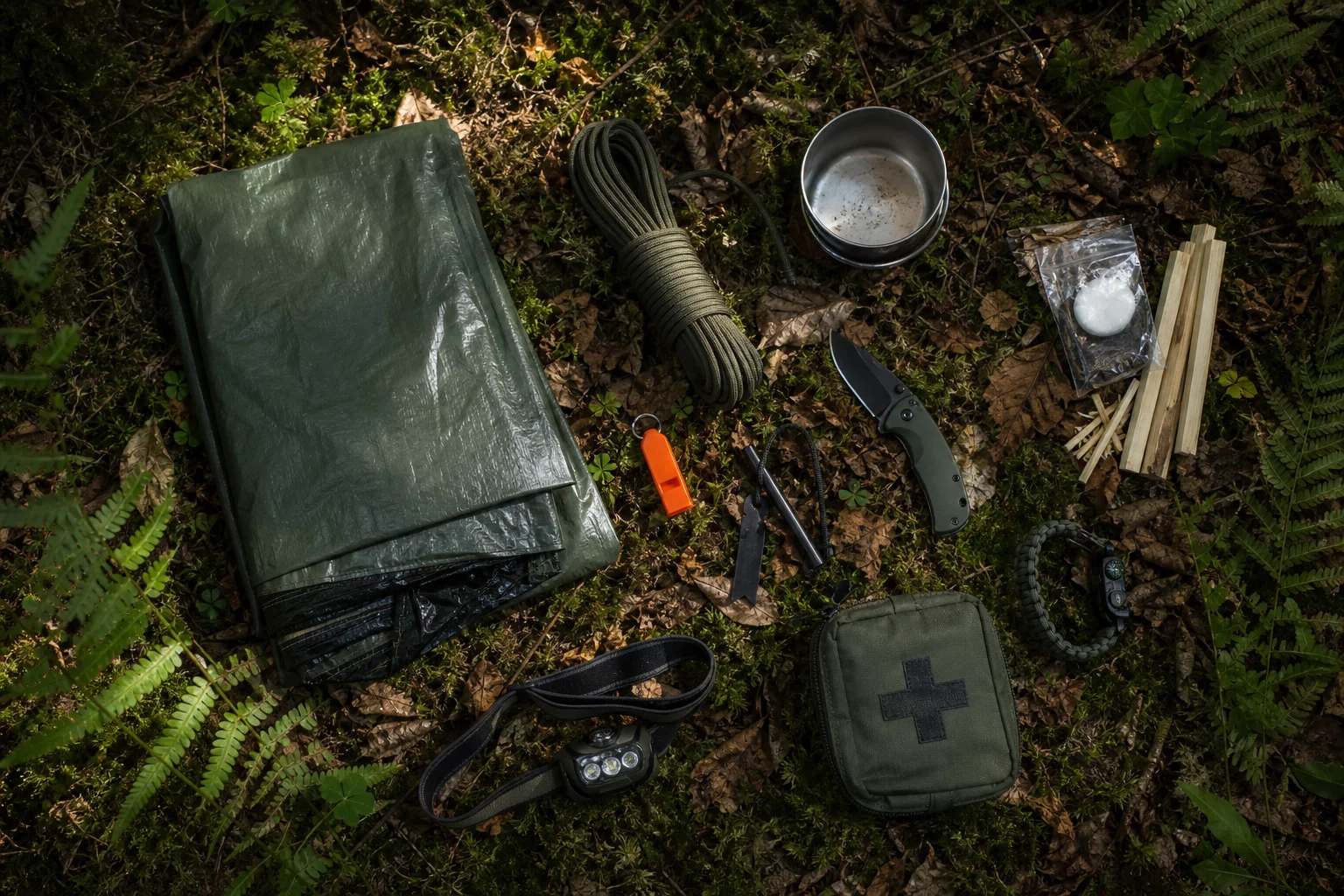 Survival kit laid out on forest floor with bivvy sack and accessories