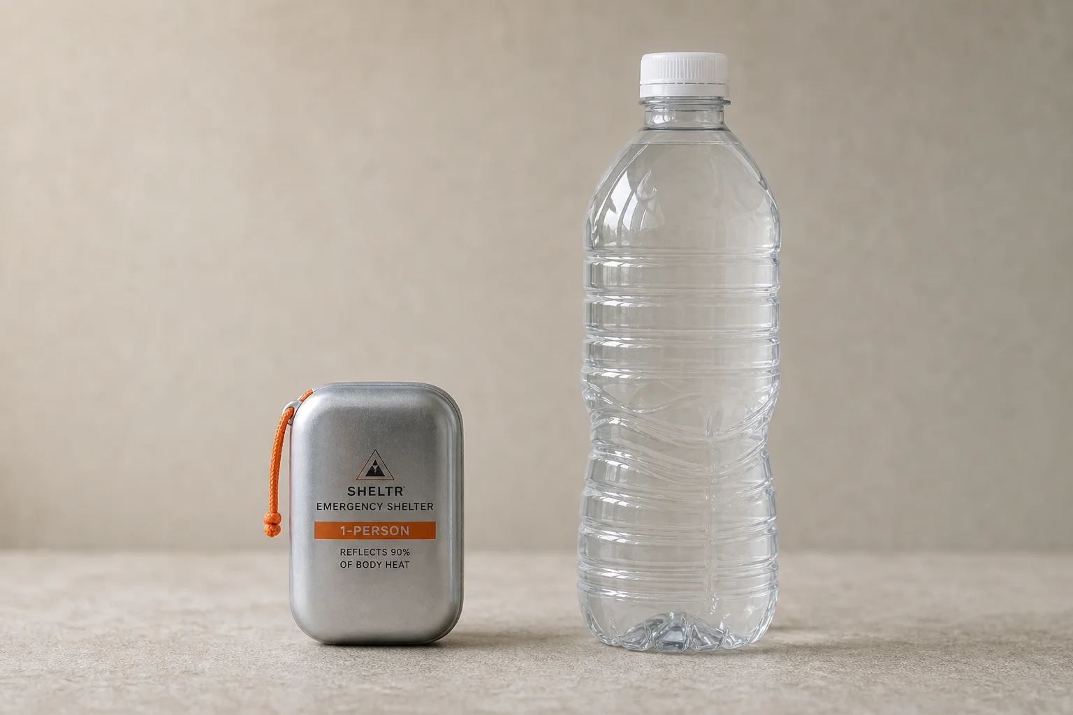 Ultracompact emergency shelter packed into a small pouch next to a water bottle for scale