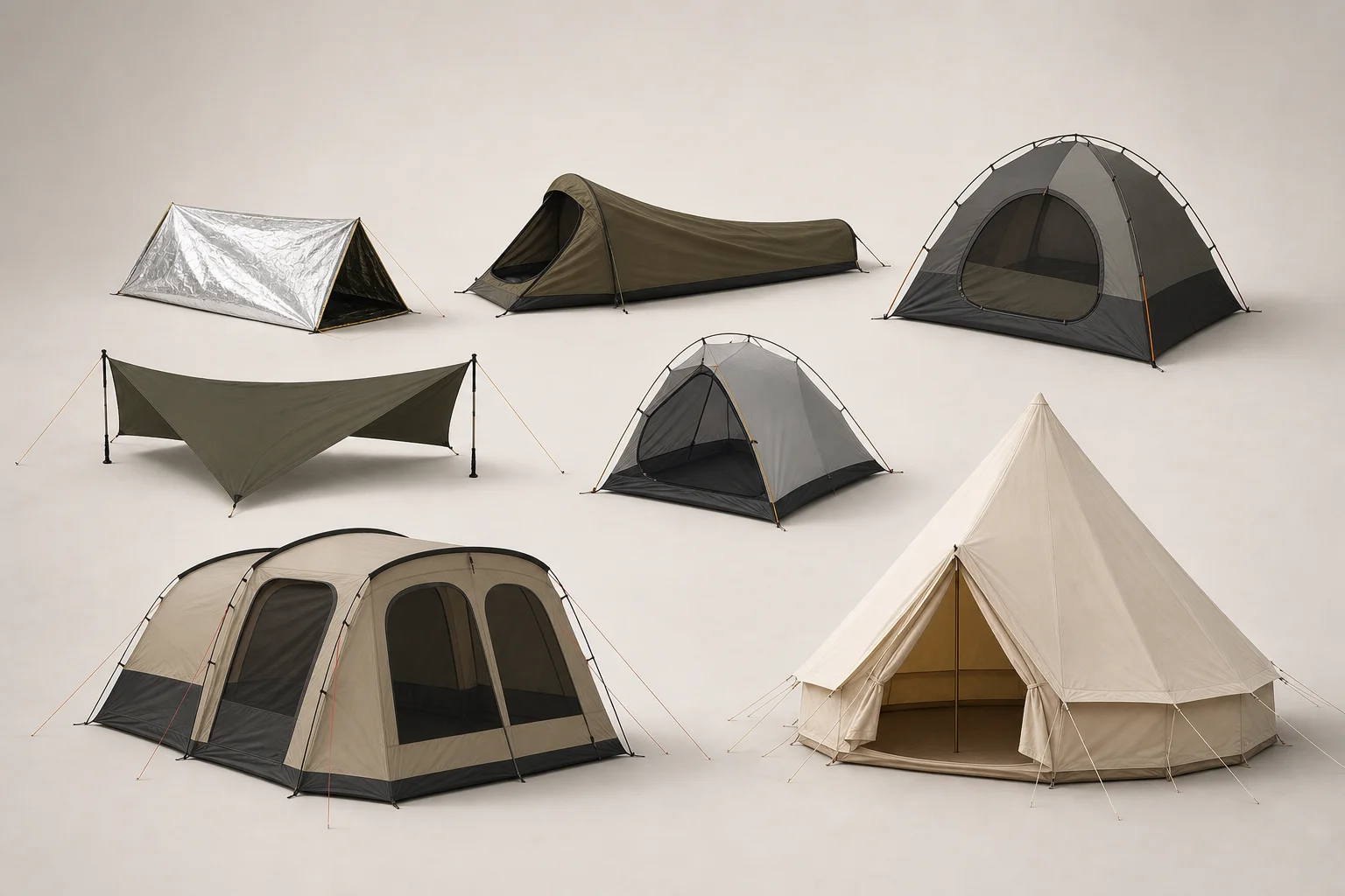 Seven survival tents of varying sizes and styles arranged on neutral backdrop