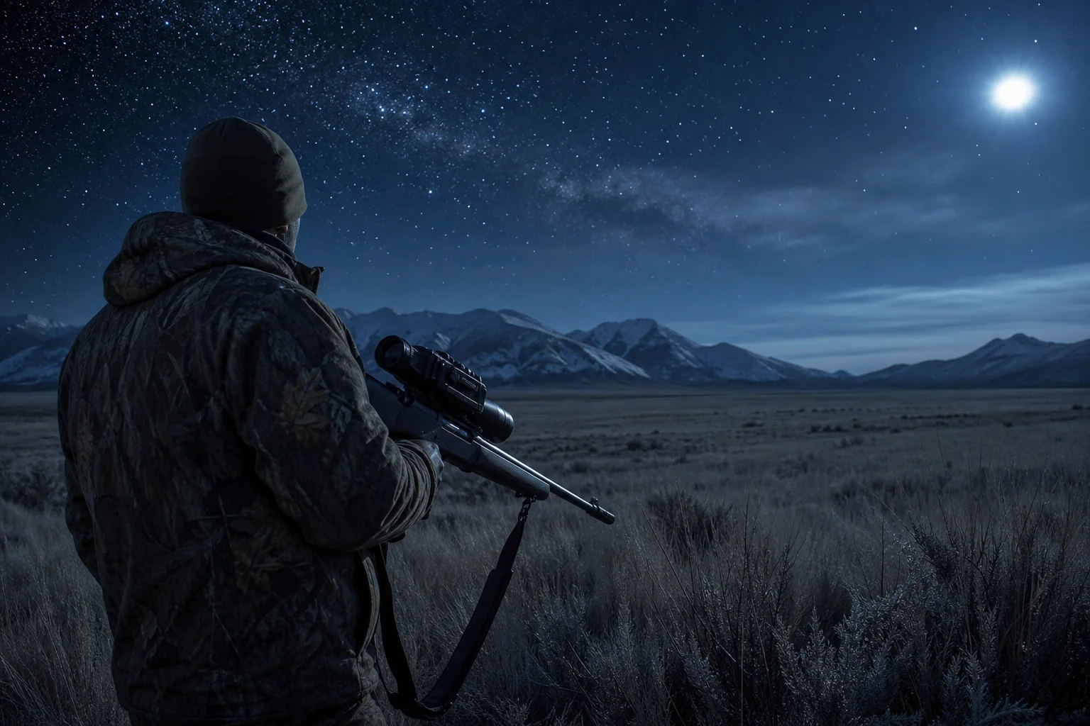 獵人在夜間野外使用裝有熱成像瞄準鏡的步槍，頭頂可見星空