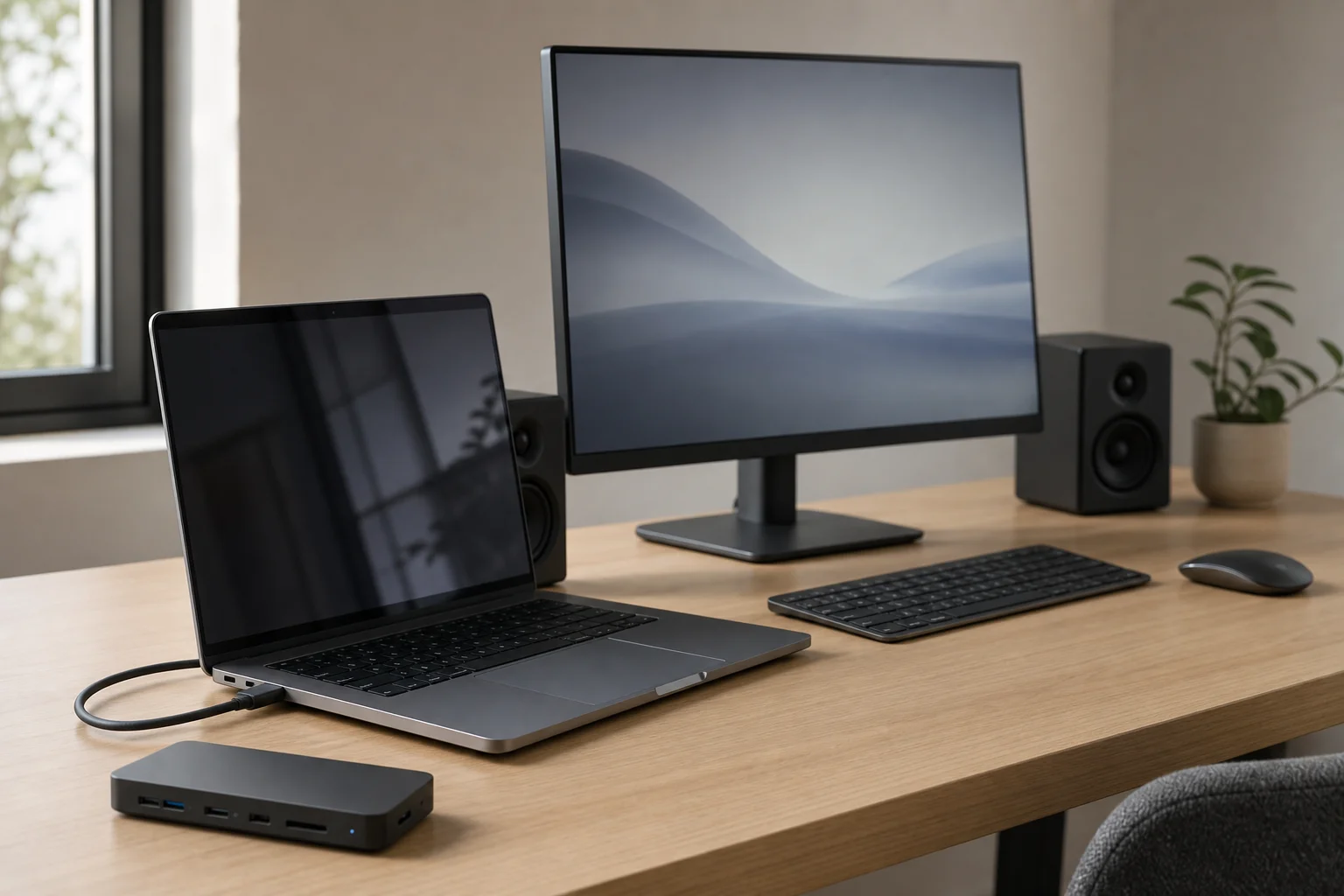 Laptop docked to single Thunderbolt cable with peripherals