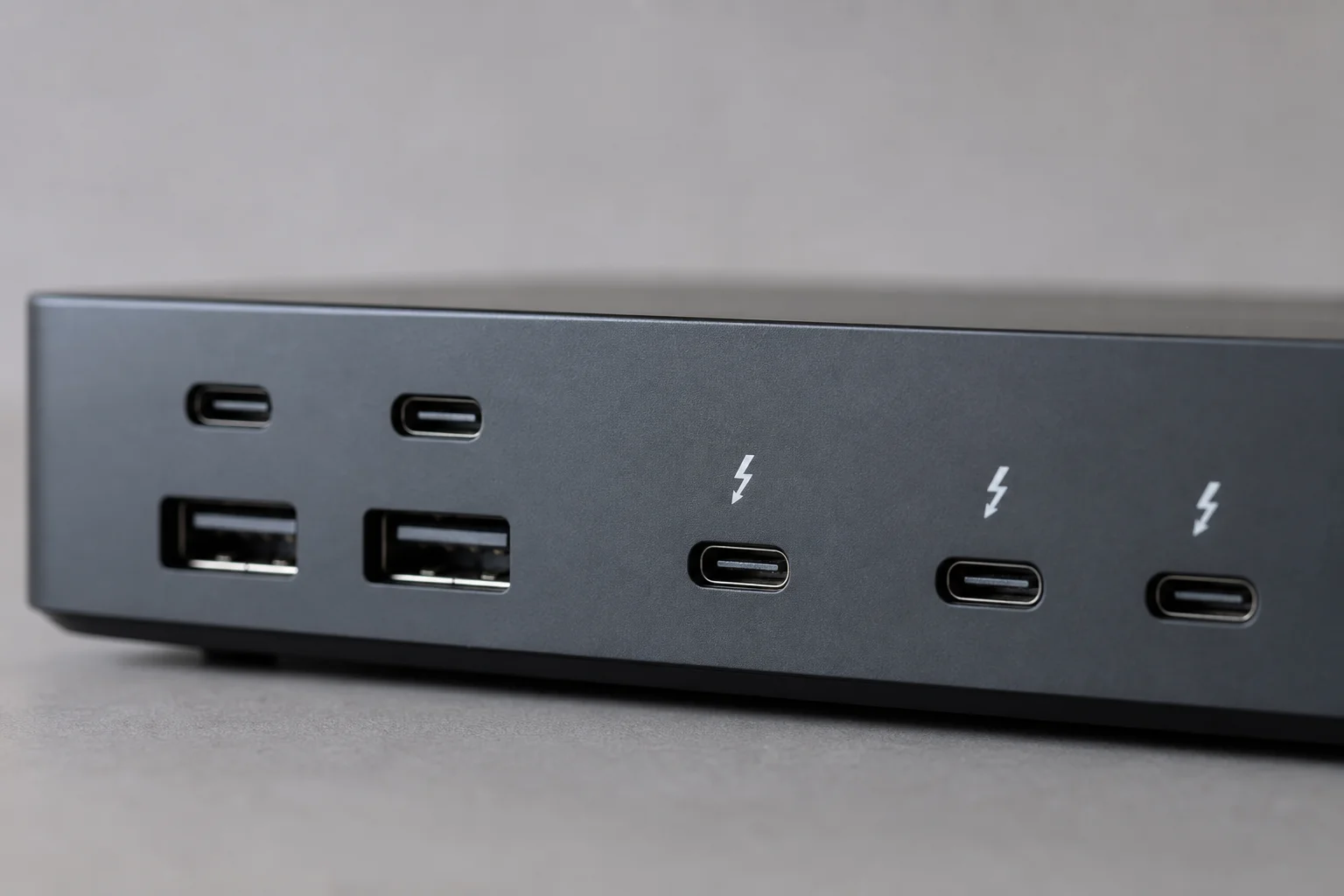 Close-up of multiple USB and Thunderbolt ports on dock
