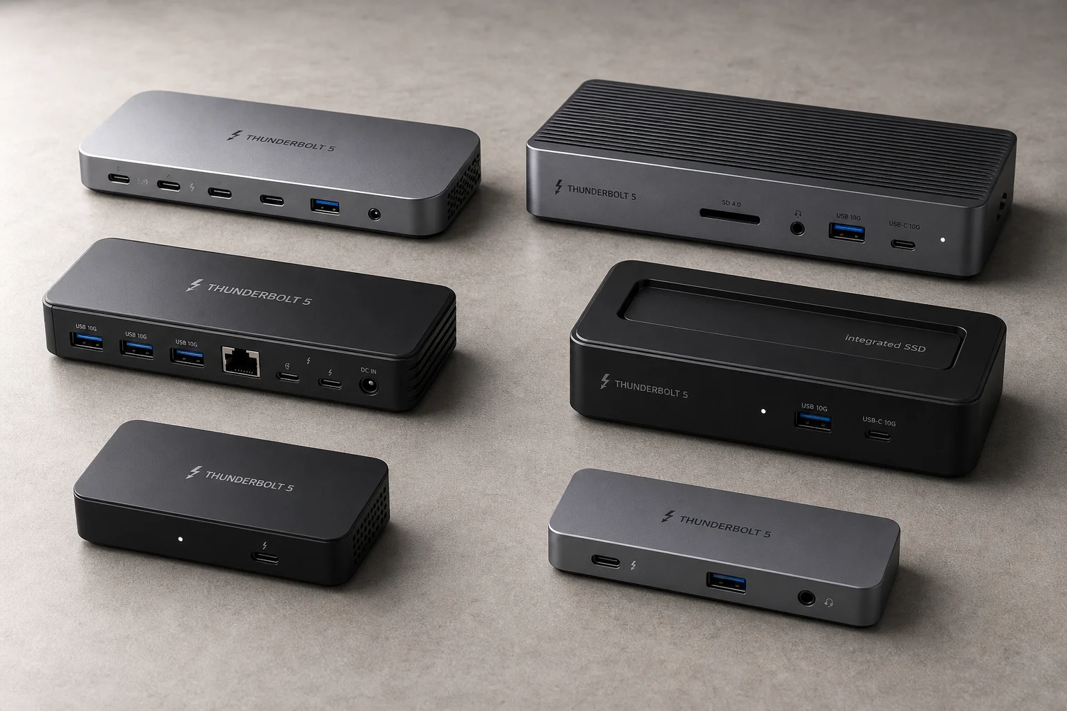 Six Thunderbolt 5 docking stations displayed on concrete surface