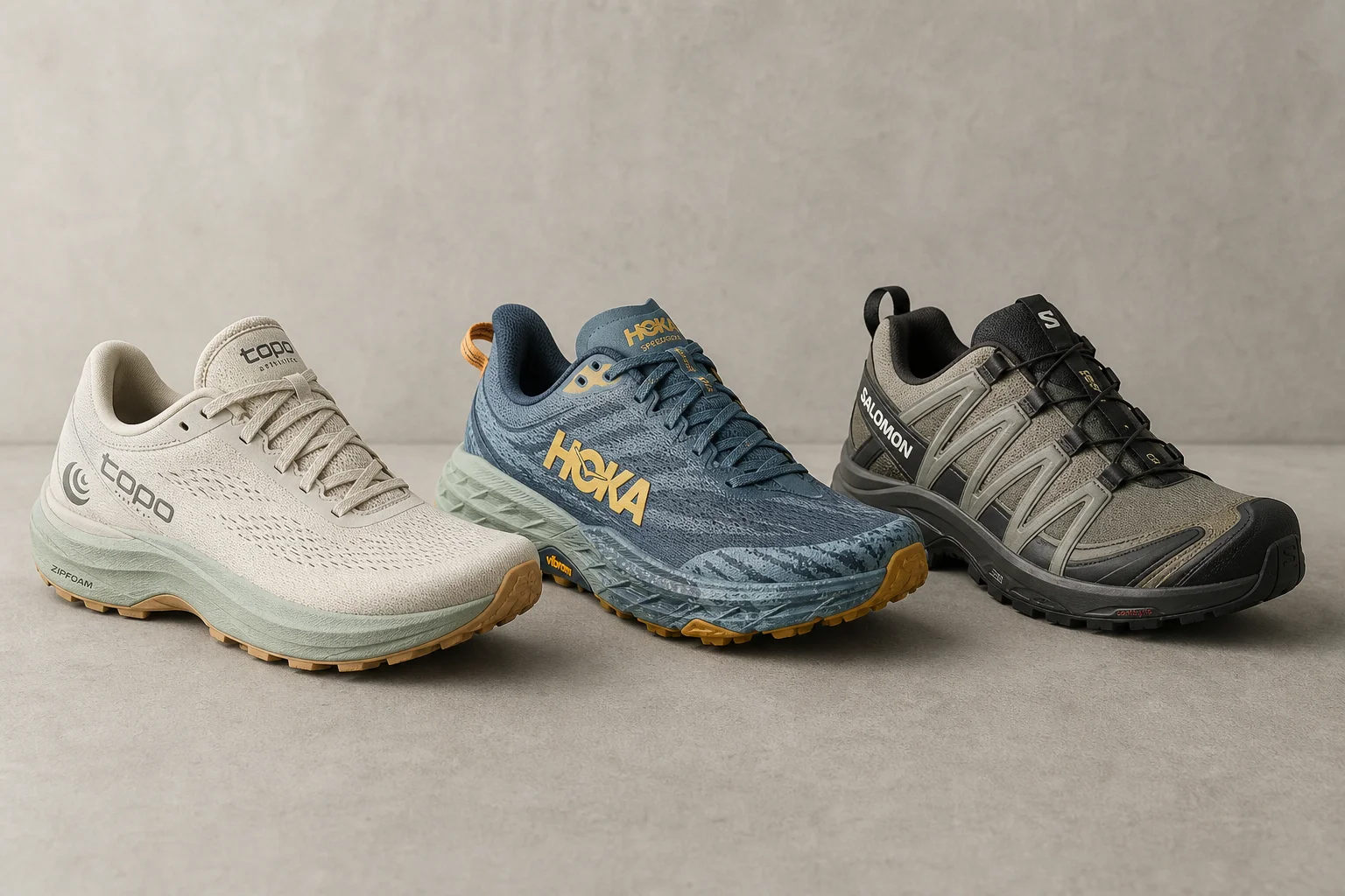Three trail running shoes arranged on concrete: Topo Mountain Racer 3, HOKA Speedgoat 6, and Salomon XA Pro 3D