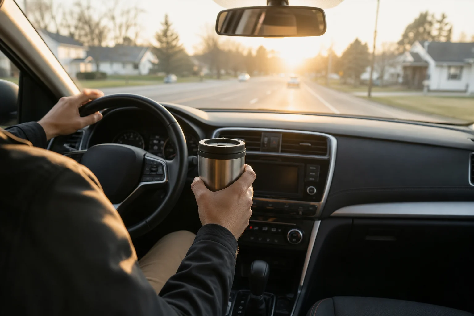 Person holding a travel mug during a morning commute in a car