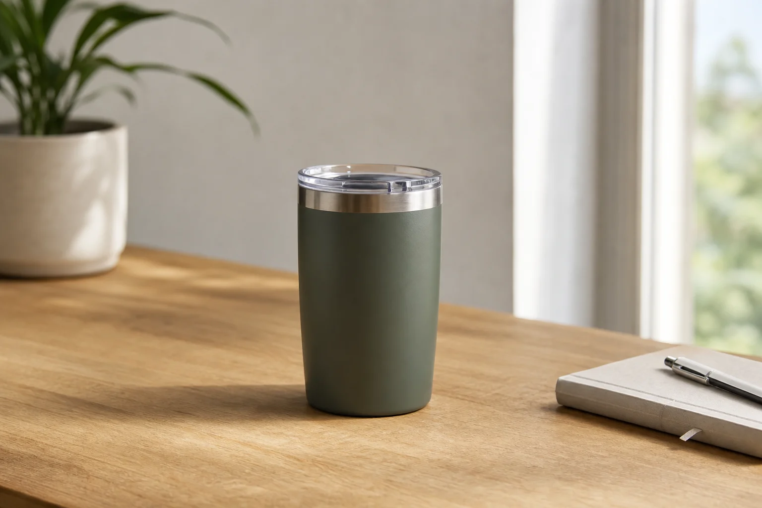 Travel mug with condensation-free exterior sitting on a wooden desk