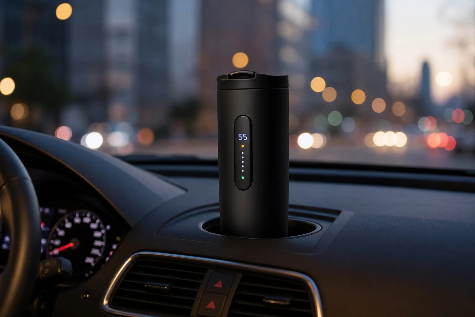 Temperature-controlled travel mug with LED display on a car dashboard