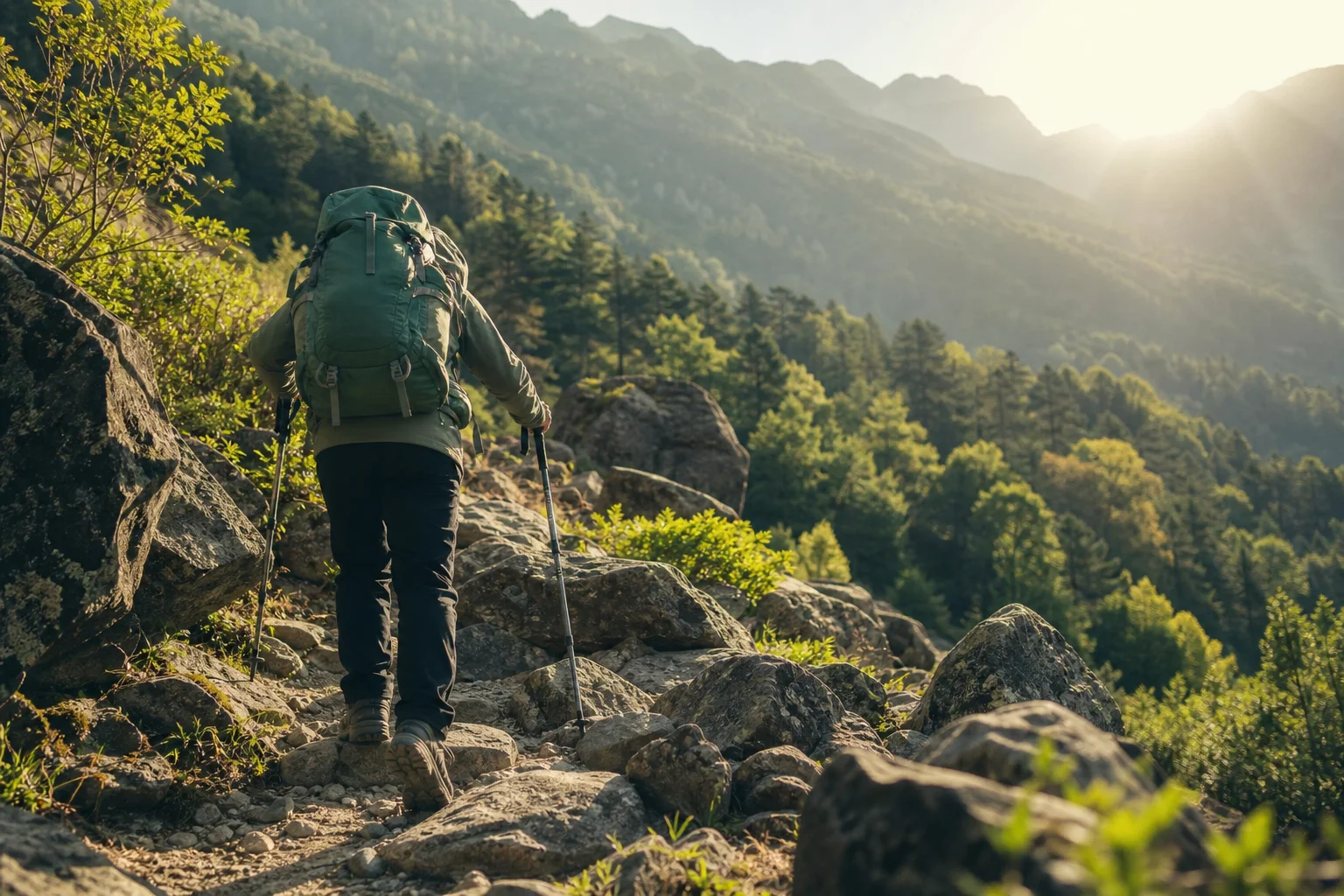 晨光中，登山客手持登山杖走在山徑上