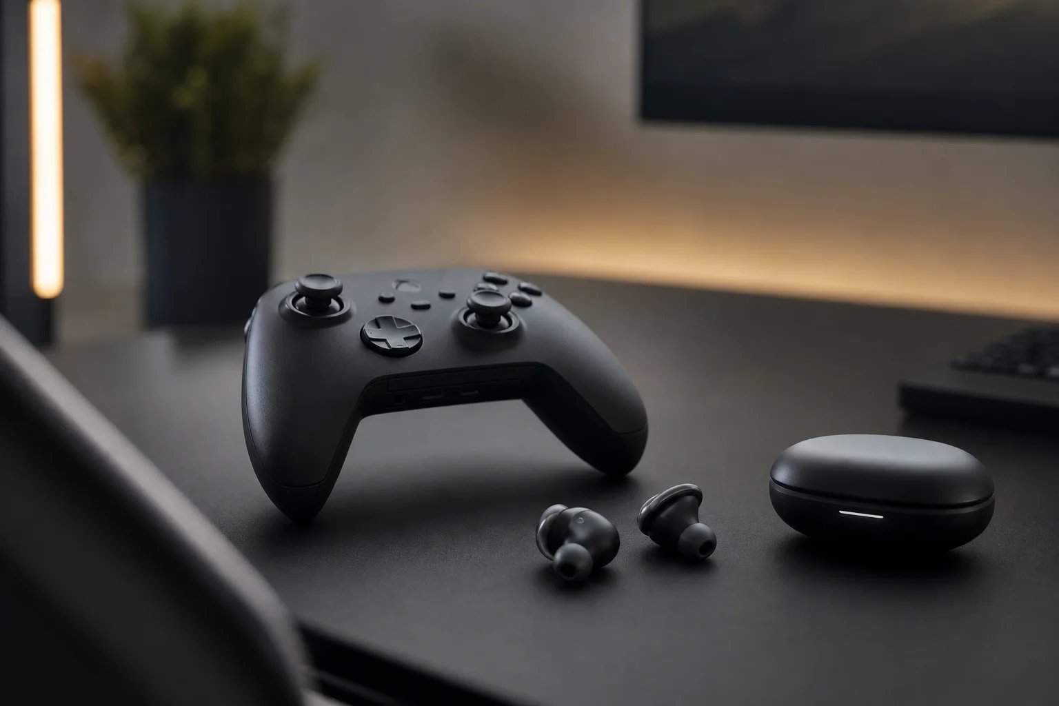Gaming setup with earbuds and controller on desk