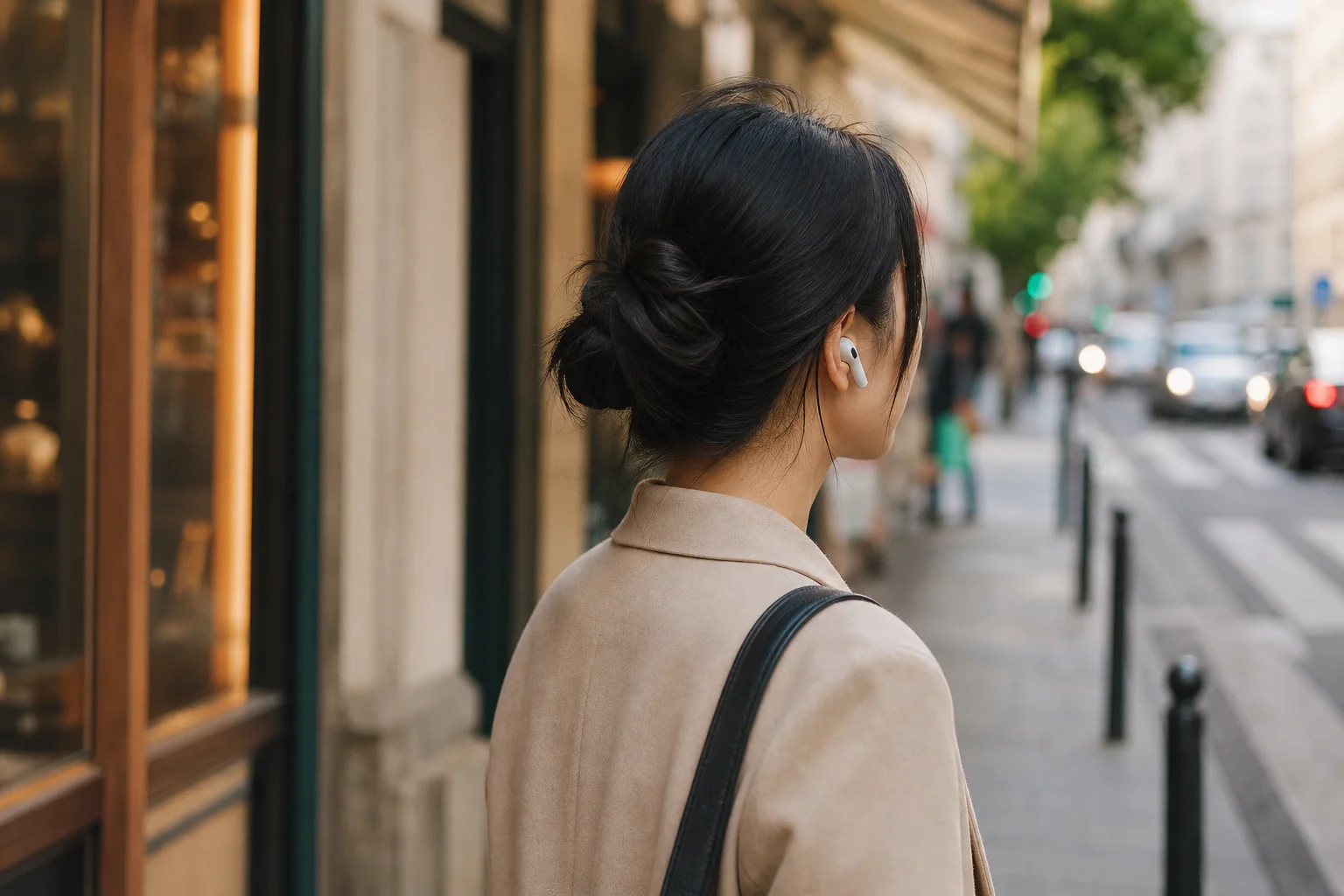 Person using transparency mode earbuds while walking in urban environment