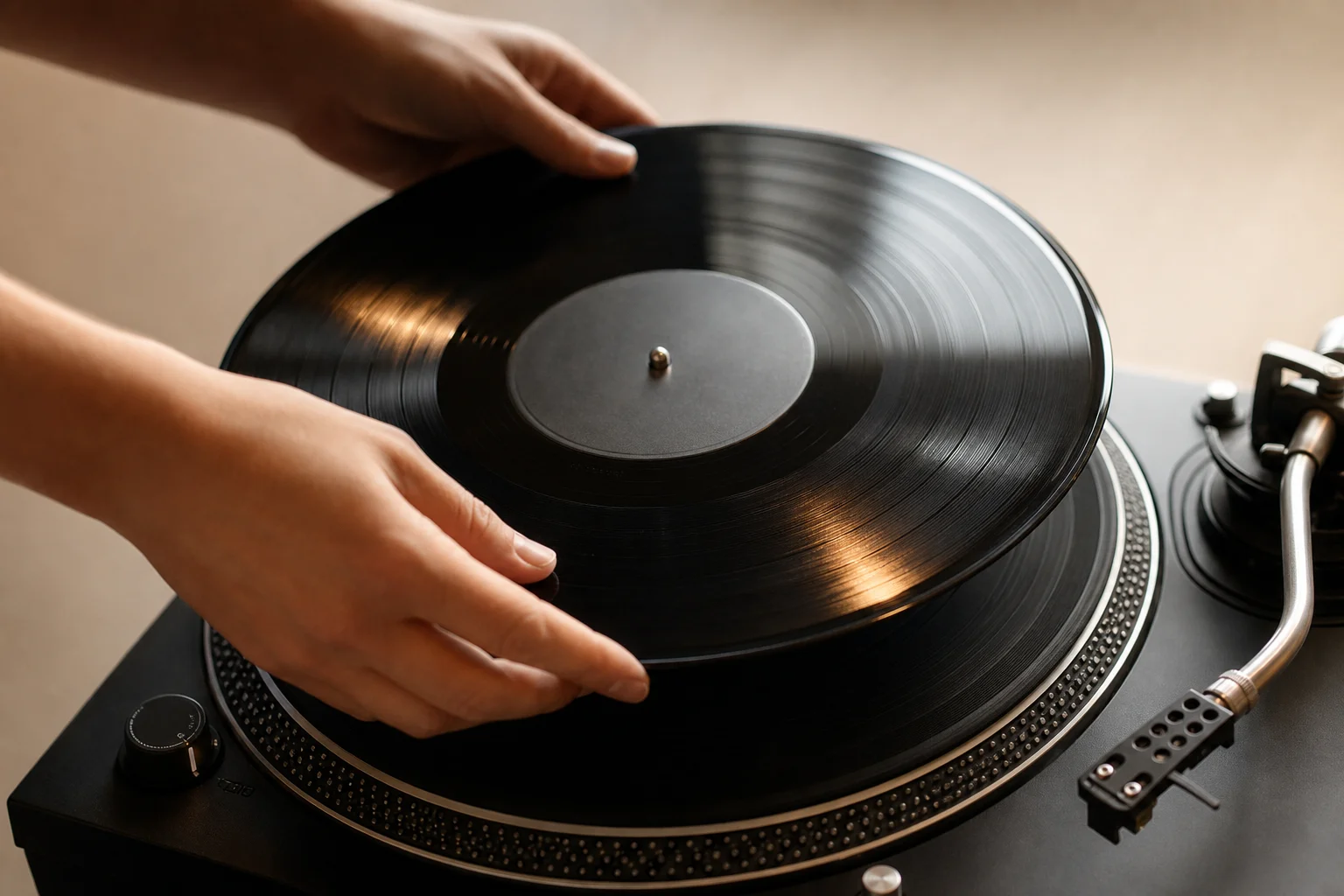 Vinyl record being placed on turntable platter with warm lighting